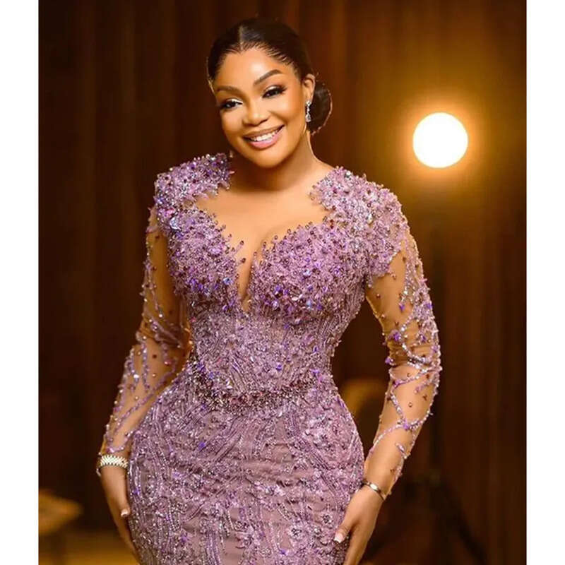 2024 Aso Ebi Lilac Sheath Prom Dress Beaded Lace Sexy Evening Formal Party Second Reception Birthday Engagement Gowns Dresses Robe De Soiree