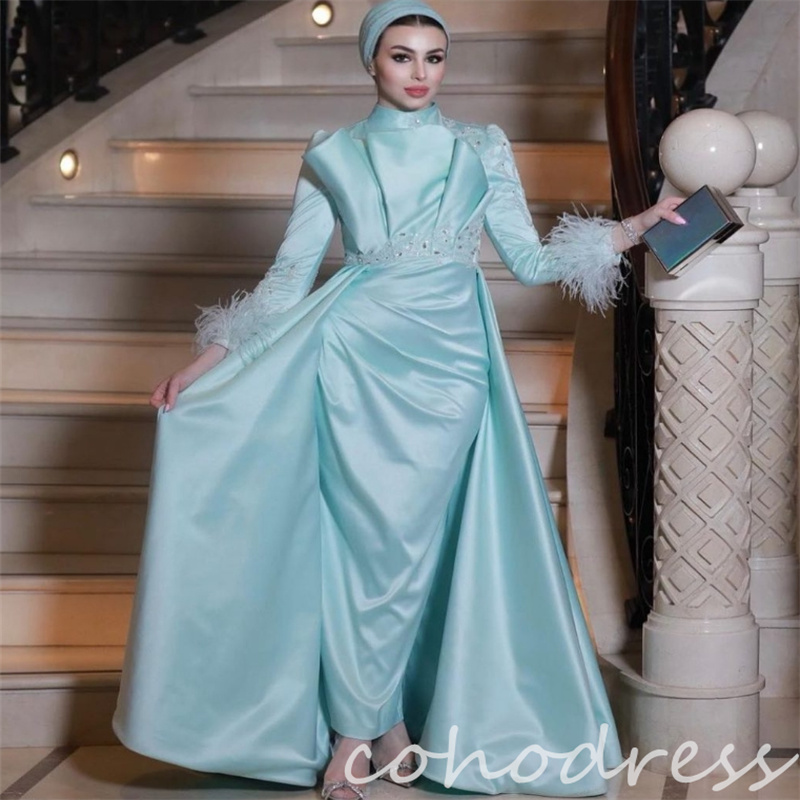 Luxury Islamic Muslim Evening Dresses With Beaded Pleated Mermaid Long Sleeve Brithday Dress Charming Feather Prom Dress Dinner Party Vestio De Fiesta