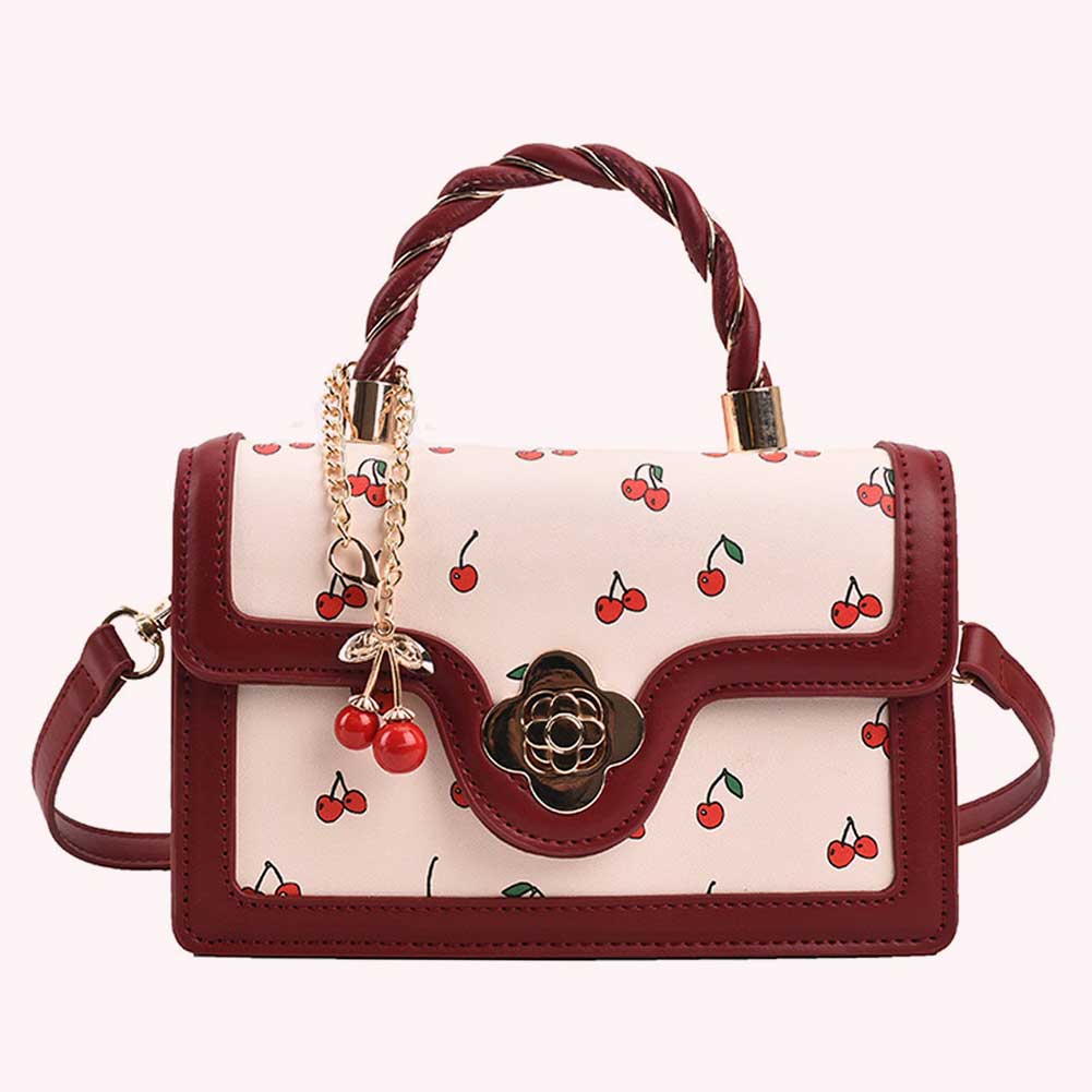 Women Cherry Shoulder Bag PU Leather Cherry Square Chain Bag Adjustable Strap Cherry Pattern Sling Bag Female Daily Commute Bag
