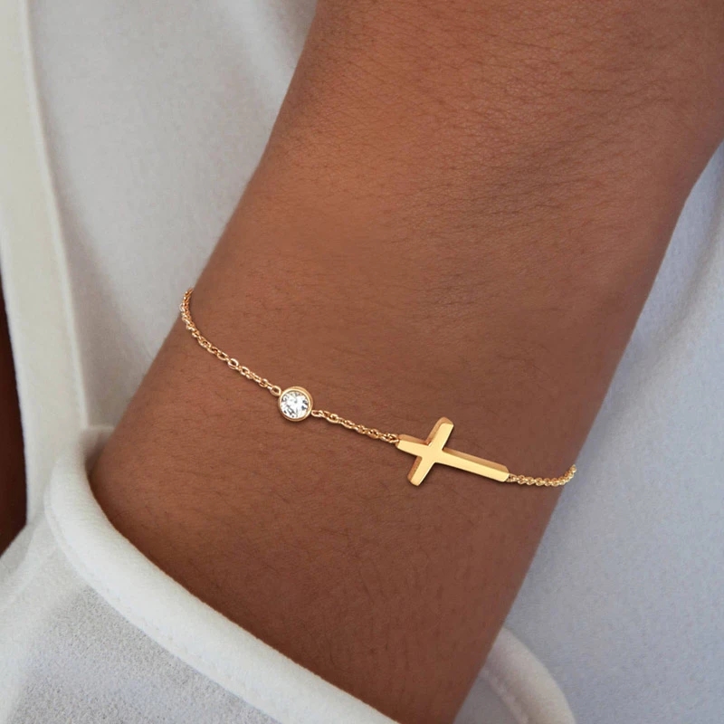 Non Tarnish 18K Gold Plated Stainless Steel Cross Charm with Zircon Bracelet Fine Jewelry Women Bracelet