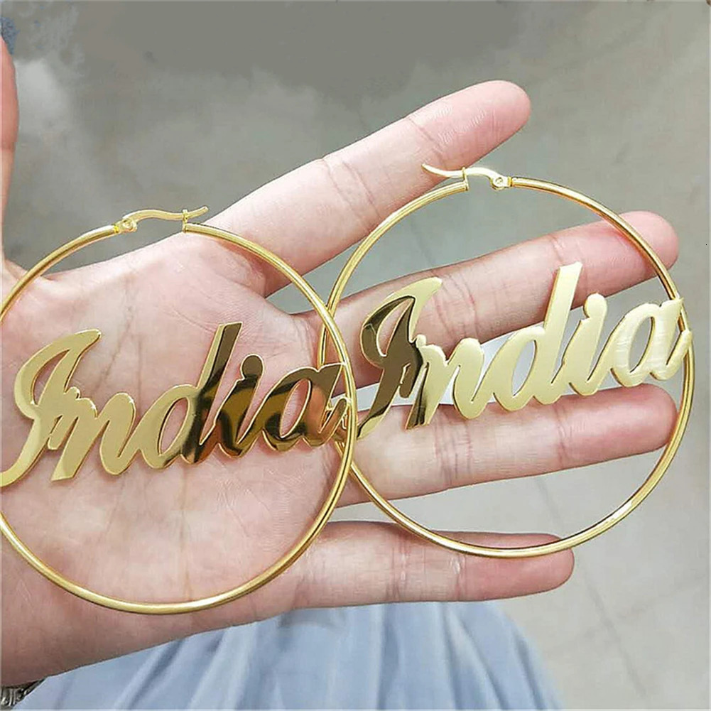 YHUISO Personalized Gothic Stainless Steel Customized Name Flower Emblem Circular Ring Earrings Female Friend Name Jewelry 241106