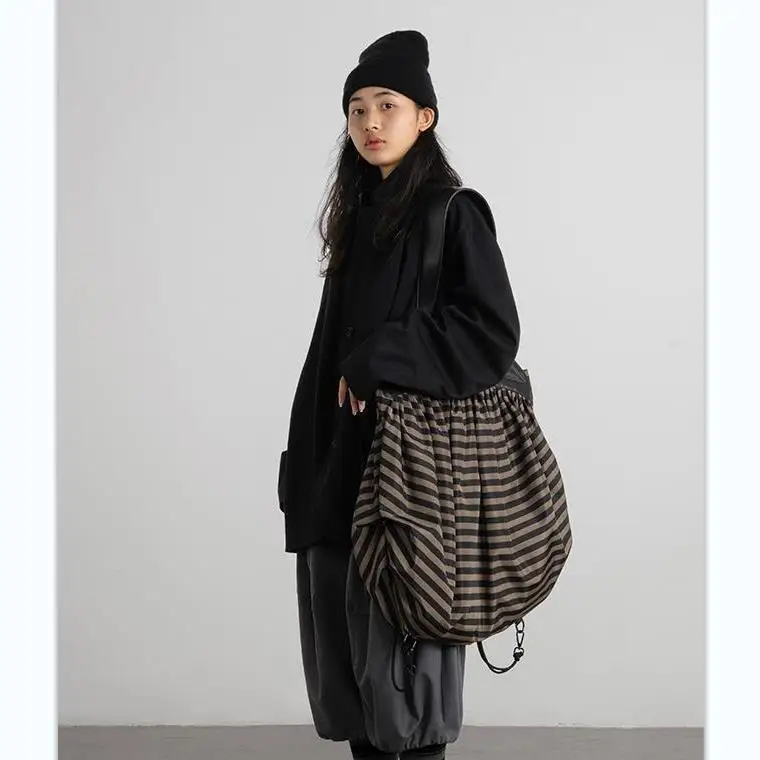 Miyagawa Striped Bag Fashion High-capacity Design with Two Shoulders and One Shoulder Bag Spicy Girl New Backpacks