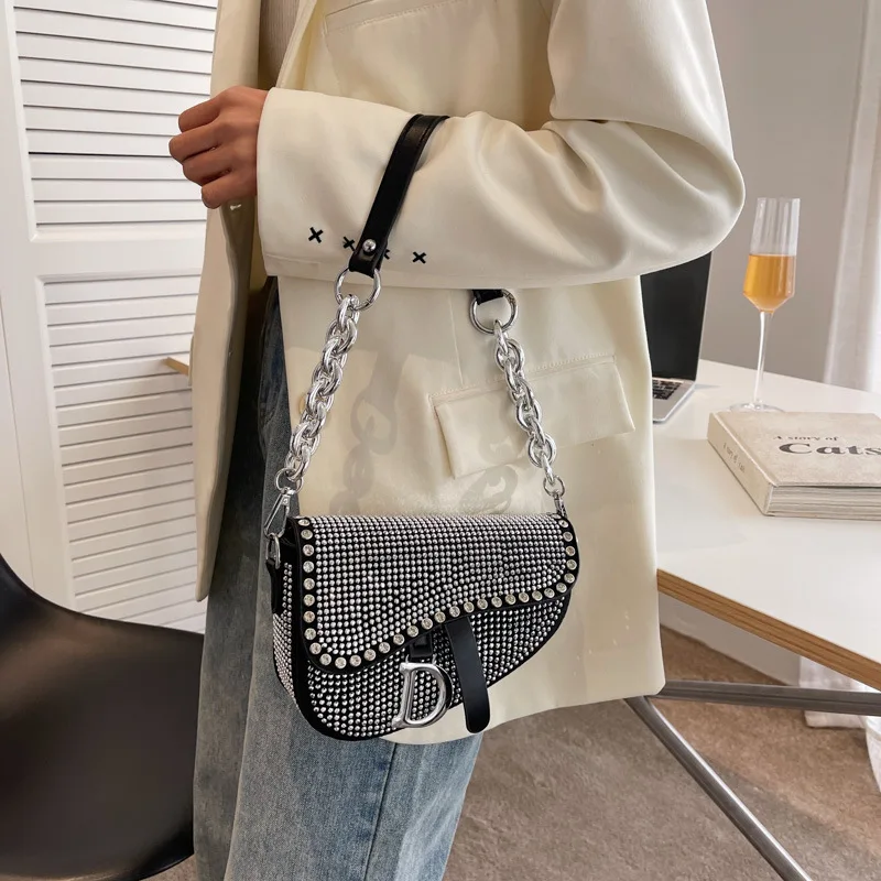 Women's Bag 2024 Trend High-Grade Thick Chain Bright Diamond Luxury Designer Crossbody Bags Fashion Exquisite Small Saddle Bag