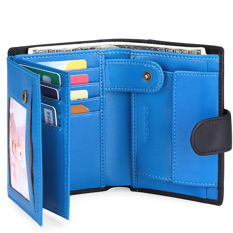 Wallet for Men Short RFID Anti-Theft Brush Lock Buckle Cowhide Leather Mens Wallet Free Shipping Card Holder Coin Purse Blue