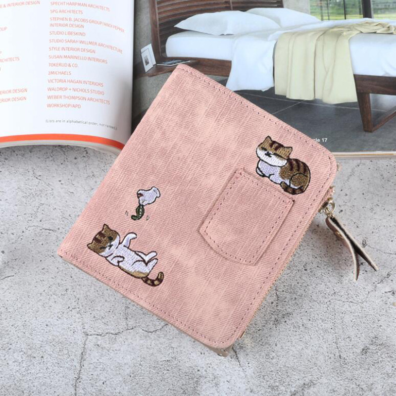 Embroidery Cat Women Short Wallet Zipper Coin Purse Short Women's Wallet Cute Mini Cards Holder Clutch For Girl Female Moneybag