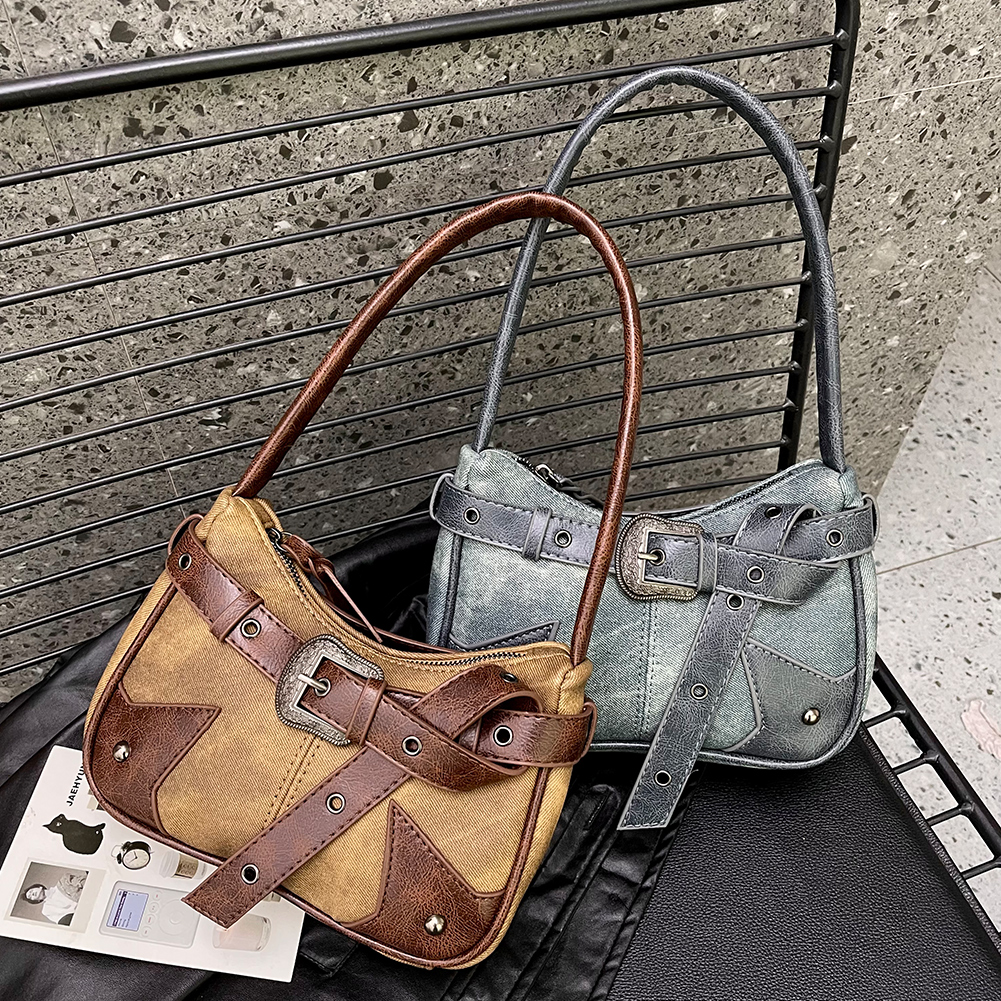 Women Gothic Punk Style Handbag Zipper Closure Rivet Belt Simple Tote Purse Large Capacity Motorcycle Handbag for Street Wear