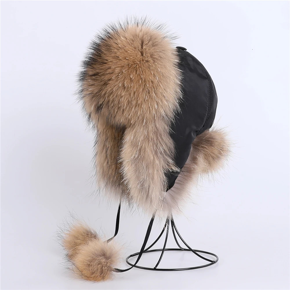 100% real fox fur hat womens Russian Usanka pilot hunter ski hat winter raccoon fur bomber hat 241106