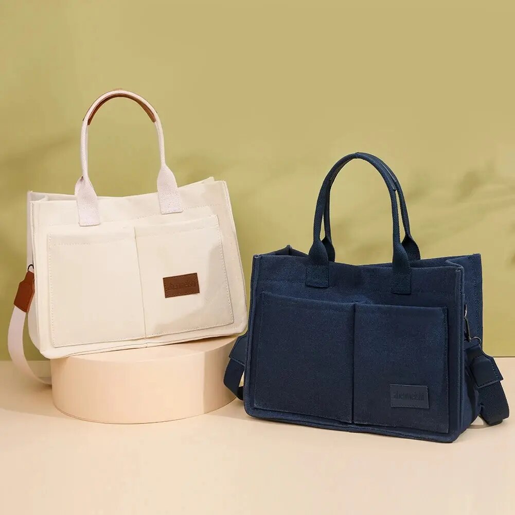 Women Fashion Shoulder Bag Large Capacity Canvas Chic Messenger Bag Adjustable Strap Multi Pockets Square Commuting Bag