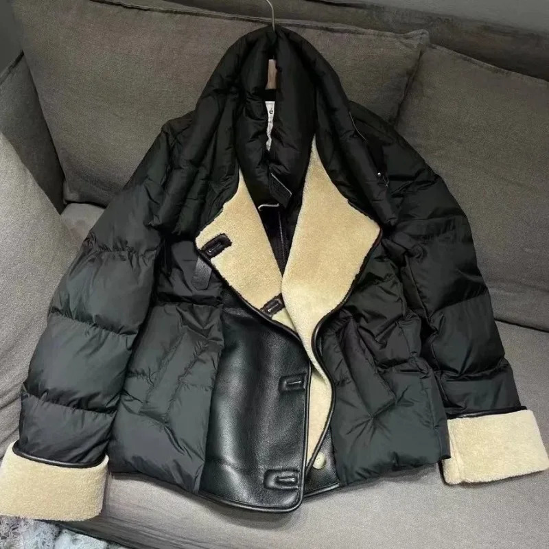 Winter womens down jacket street leather jacket short sleeved jacket wool jacket thick windproof jacket 241107