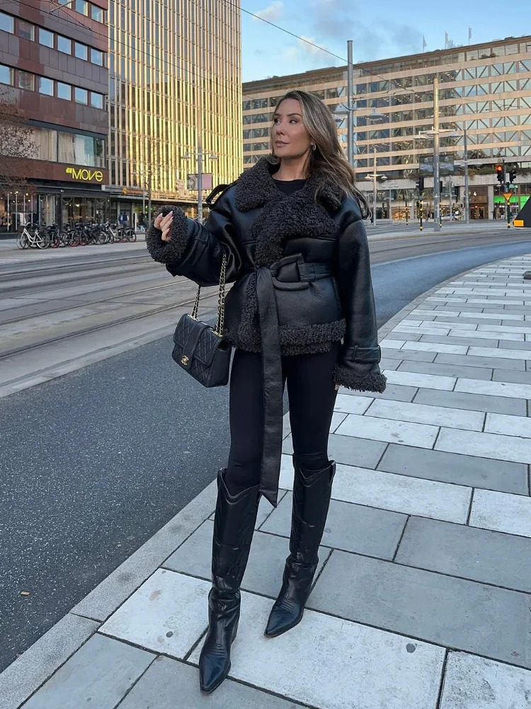 Pu leather womens jacket patch work with stand collar solid womens coat autumn winter high street thick womens coat 241107