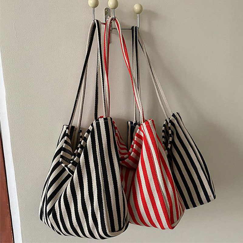 Large Capacity Canvas Women Shopper Tote Simple Striped Shoulder Bag Female Casual Multifunctional Travel Top-handle Handbag