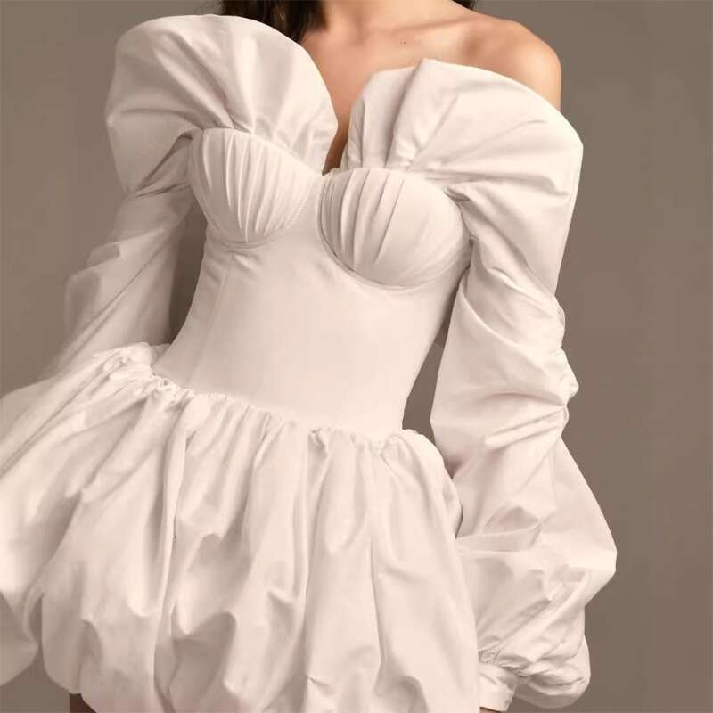 Talenza Sexy One Shoulder Mini Women's Fashion Solid Puff Sleeve Slim Short High Waist Pleated Strapless Party Dress