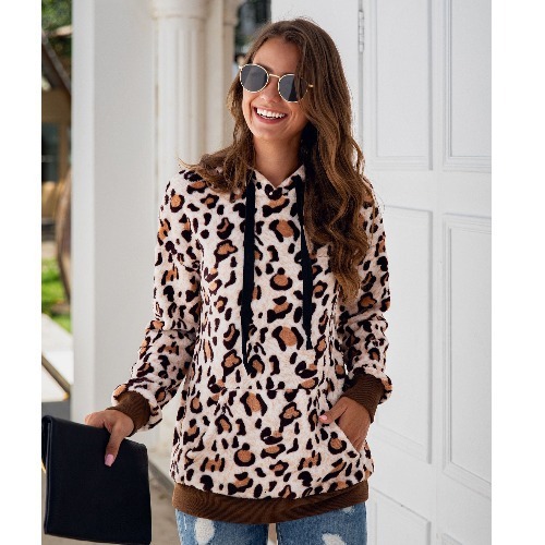New designer autumn and winter sexy leopard print pocket hooded long sleeved women's top sportswear trend hoodie