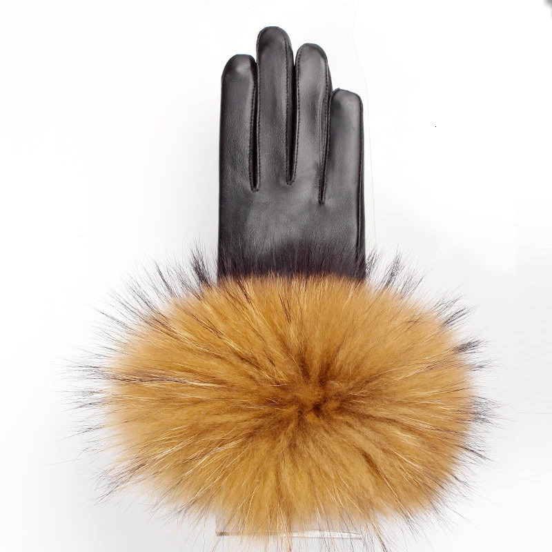 Genuine Raccoon Fur Gloves Womens Leather Gloves Fashion Raccoon Fur Sheepskin Leather Gloves Womens 241106