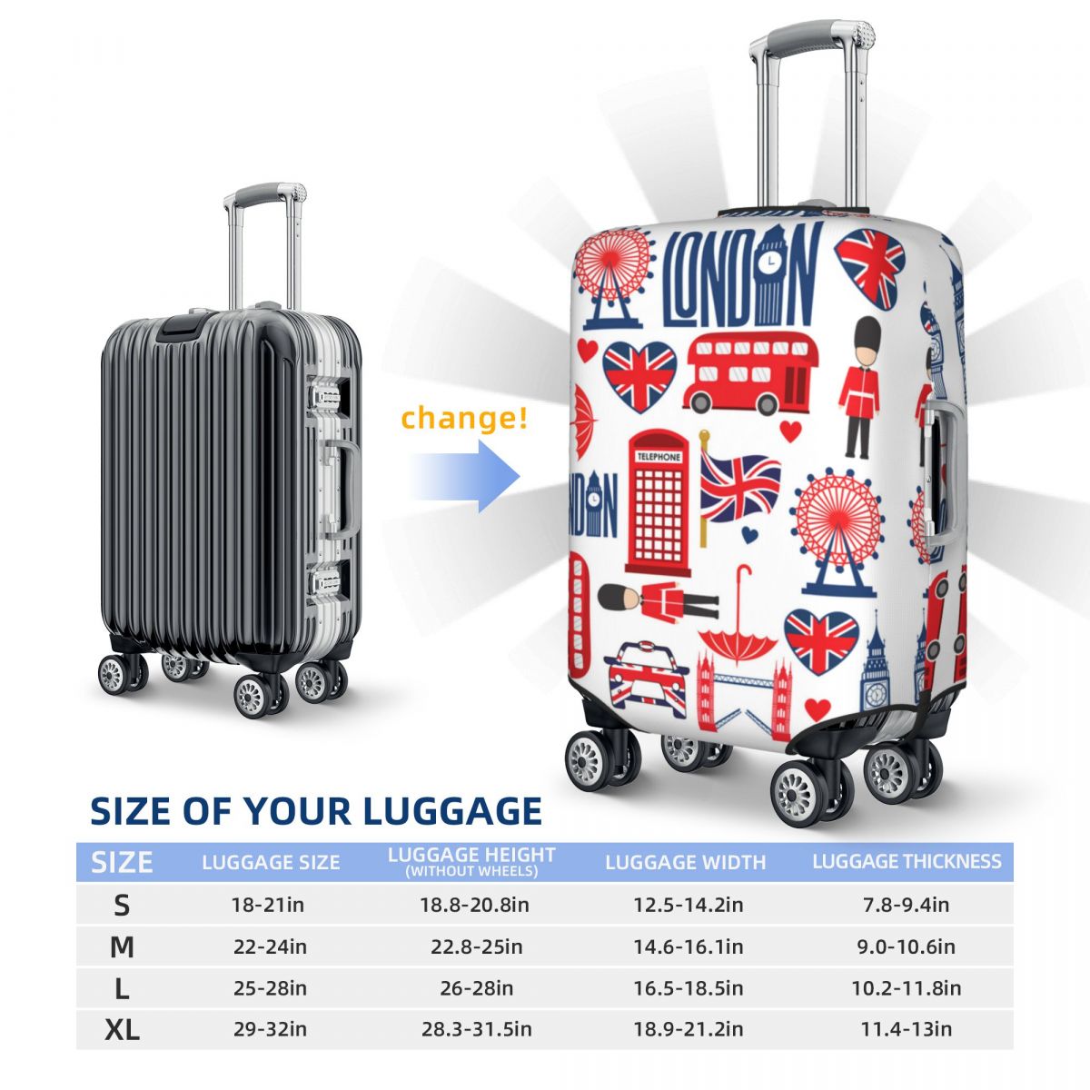 British Style Illustration Suitcase Cover Big Ben Love London Cruise Trip Vacation Useful Luggage Case Protector