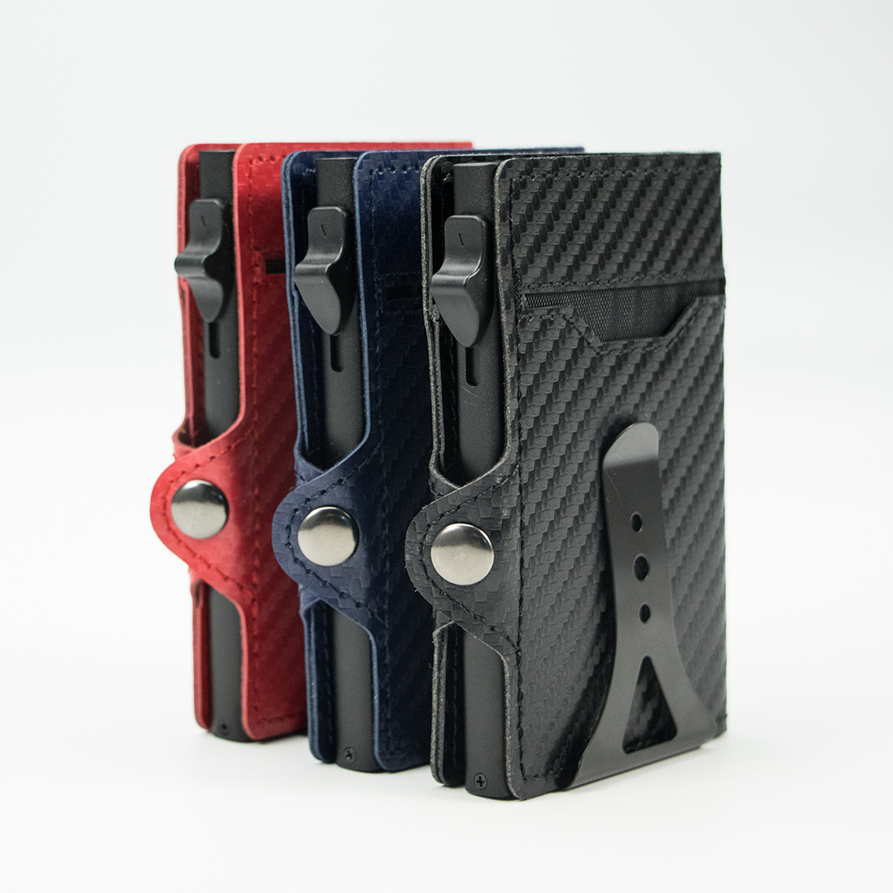 Casekey PU Carbon Fiber Leather Minimalist Wallet RFID Safe Auto-eject Metal Aluminum Pop Up Card Holder for Best Christmas Gift