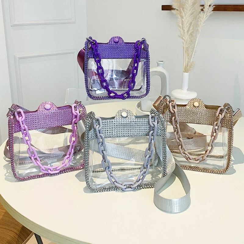 PVC Transparent Shoulder Crossbody Bag for Women Rhinestone Thick Chain Ladies Small Purse and Handbags Fashion Jelly Beach Tote