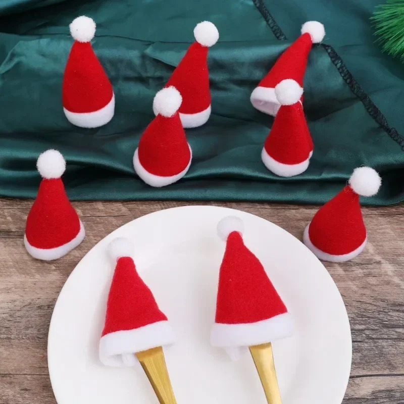 Mini Christmas hat velvet wine bottle cap lollipop cap Christmas cutlery rack hat wrapping Christmas party table decoration gift 241106