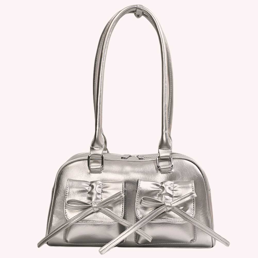 Women Stylish Underarm Bag Double Pockets PU Leather Simple Shopping Bag with Bow Small Tote Bag Solid Color for Travel Vacation