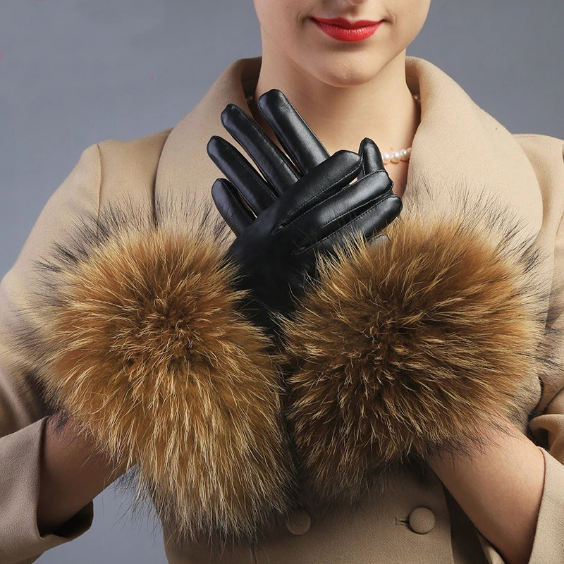 Genuine Raccoon Fur Gloves Womens Leather Gloves Fashion Raccoon Fur Sheepskin Leather Gloves Womens 241106