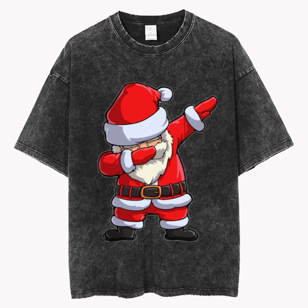 Super sized Santa Claus cotton washed T-shirt for women loose O-neck T-shirt Christmas Y2k casual retro short sleeved top X241107
