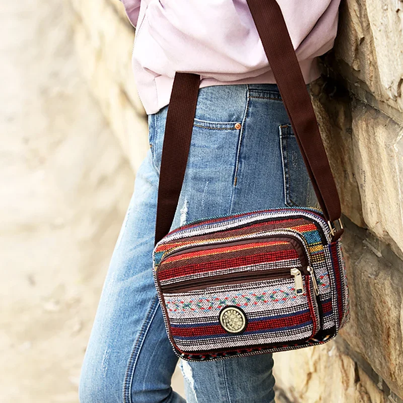 Multi Layer Messenger Bag Women 2024 Striped Canvas Single Bag Woman Mobile Phone Crossbody Bag Nylon Oxford Shoudler Bag