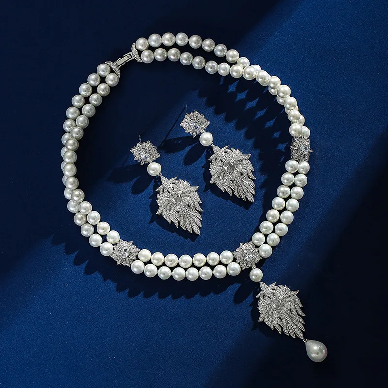 French Vintage Pearl Necklace Earring Set Flower Square Zircon Necklace Fashion Light Necklace 241106
