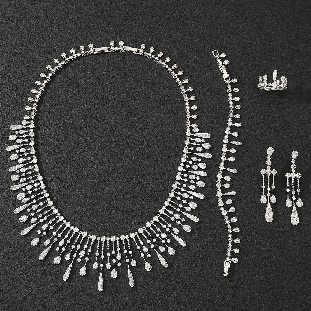 Womens Fashion Waterdrop Cube Zircon Tassel Bridal Necklace Bracelet Ring Earring Set Womens Boutique Wedding Anniversary Jewelry 241106