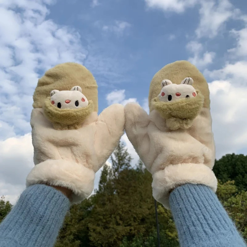 Cartoon suspender with finger gloves womens full finger cute and fashionable Ins Korea thick and soft winter outdoor warm hands student gift 241107