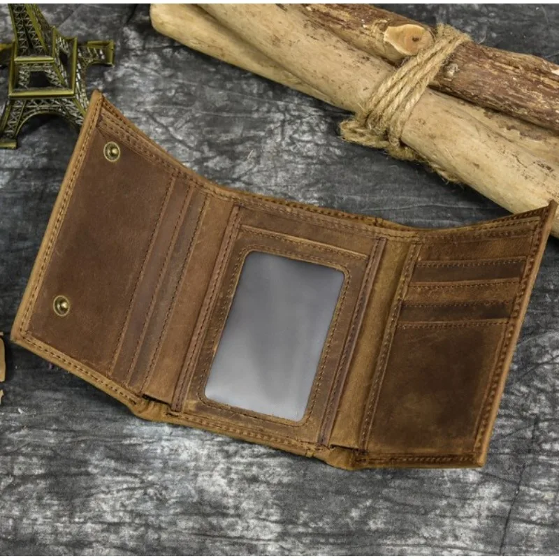 Men Genuine Leather Short Wallet with Chain Zipper Clutch Wallets Male Short Trifold Purse Card Holder Change Coin Purse 2023