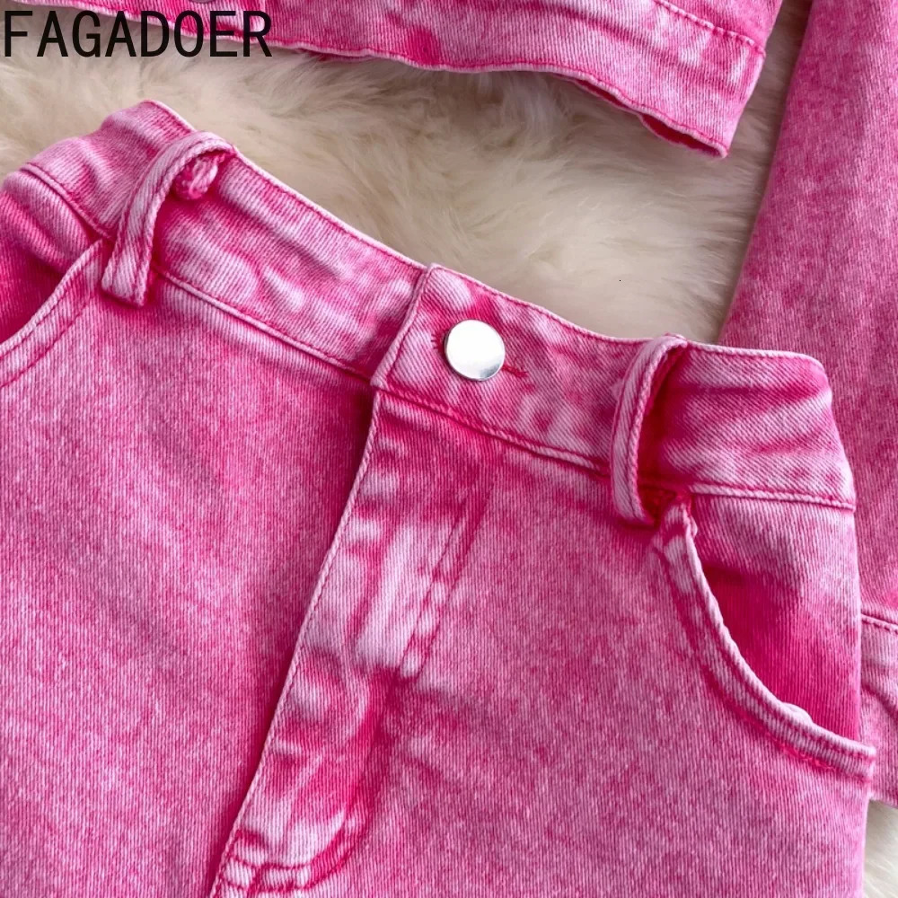 FAGADOER Pink Denim 2 Piece Sets Women Outfit Fashion Lapel Buttons Crop Jacket and High Waist Denim Skirt Suits Y2K Streetwear 241107