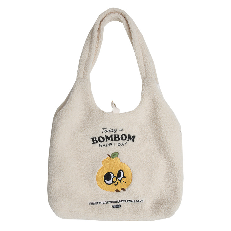 Women Berber Fleece Fabric Shoulder Bag Plush Handbag Embroidery Canvas Tote Large Capacity Shopping Bag Cute Book Bags For Girl