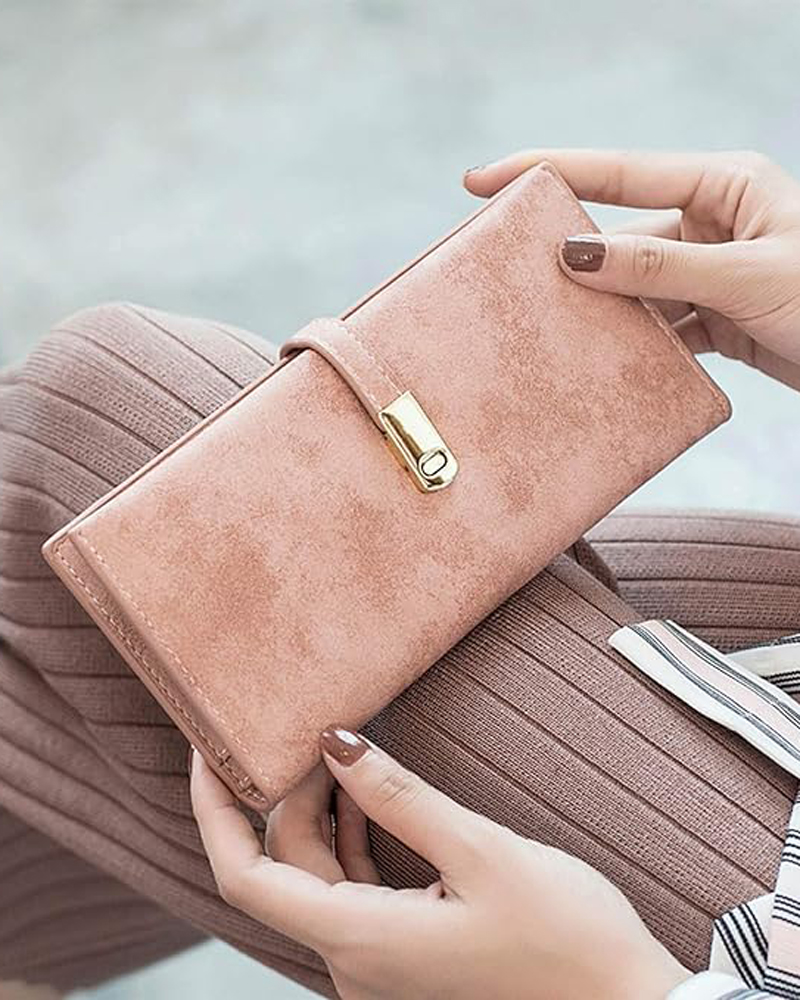 Women's ultra-thin wallet. Retro frosted 100% leather wallet with magnetic buckle closure, long double fold wallet