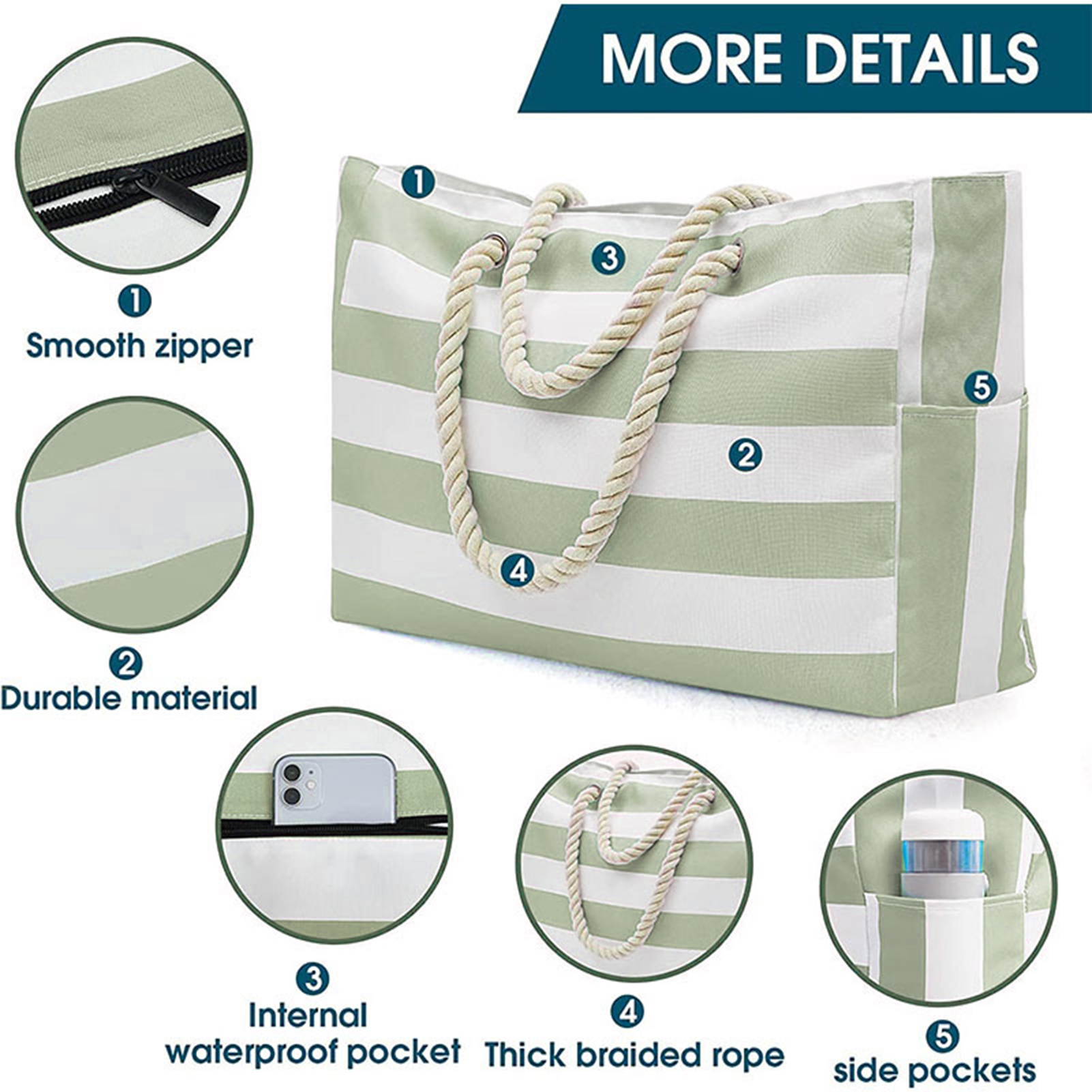 Women Beach Bags Large Waterproof Stripe Printed Tote Handbag Casual Shoulder Bags Sandproof Swim Pool Bag For Travel Shopping
