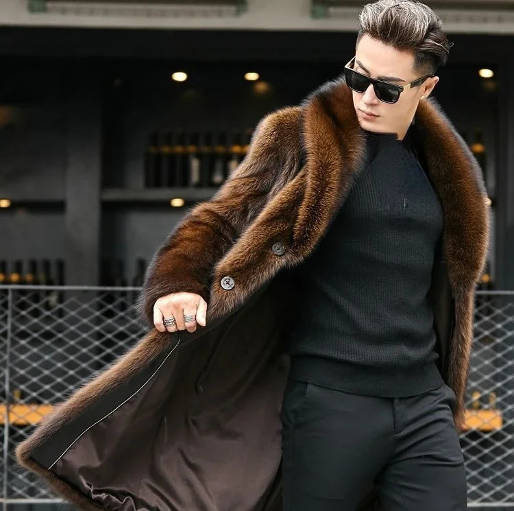 mens mid to long full mink coat large long sleeved mens thick raccoon fur coat mink jacket for autumn and winter 241107