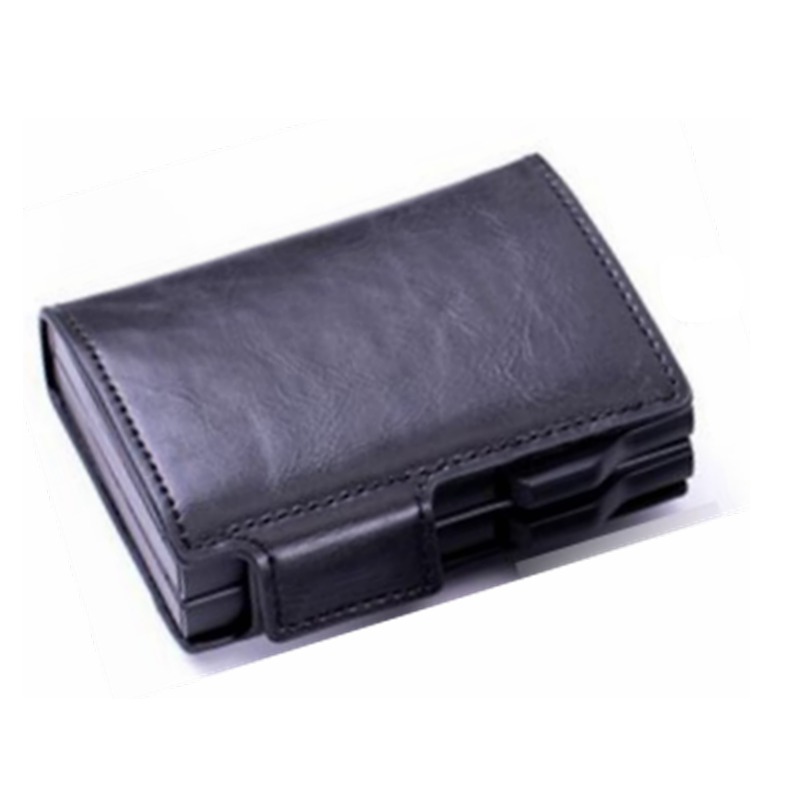 Large Capacity Leather Card Wallet for Men Air Airtag Rfid Double Aluminum Auto Pop Up Card Holder with Zipper Coin Pocket Purse