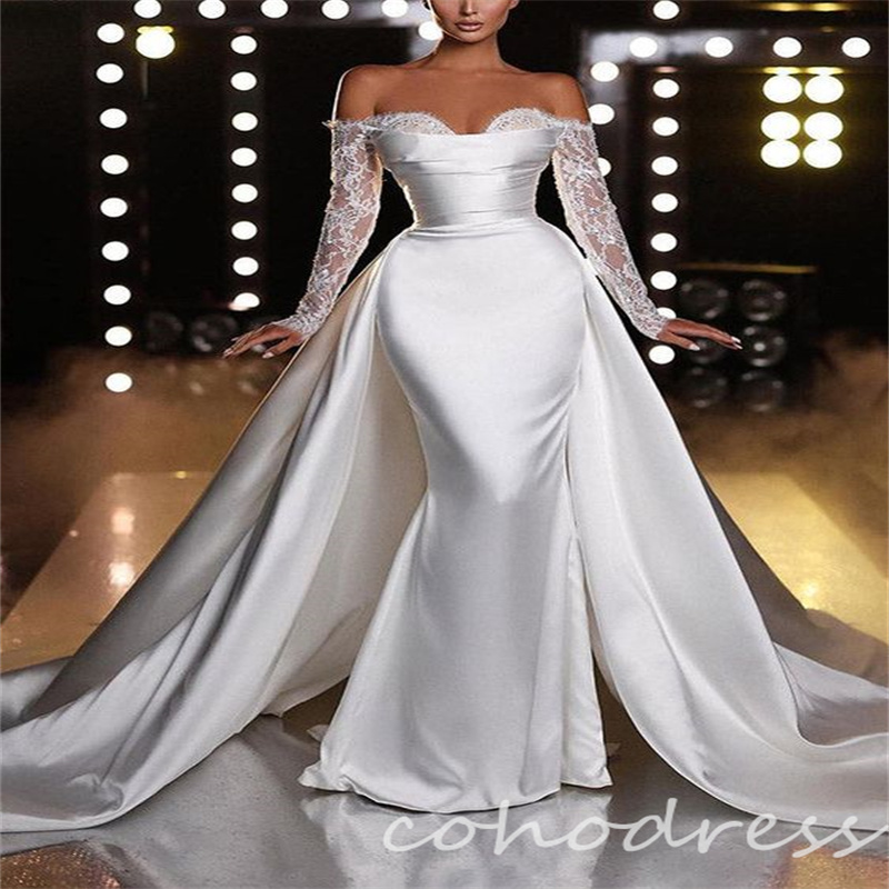 Gorgeous Mermaid Wedding Dresses With Detachable Train Off Shoulders Lace Saudi Arabic 2 in 1 Bridal Gowns Long Sleeve Church Garden Vestio De Novias 