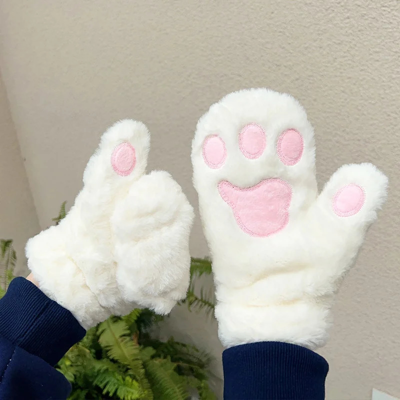 Soft Plush Winter Thick Warm Gloves for Womens Girls Korean and Japanese Cute Cat Claw Gloves Rabbit Fur Full Finger Casual Cycling Gloves 241107