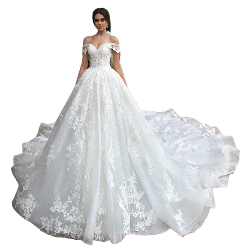 Chapel Off Shoulder A Line Wedding Dresses Lace Appliques Long Train Princess Bridal Gown Sweetheart Neck Exquite Bride Wear Back Lace-Up