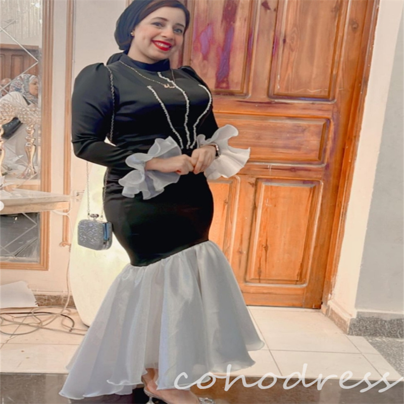 Unique Silver And Black Evening Dresses Elegant High Neck Long Sleeve Maxi Prom Dress Midi Muslim Beaded Birthday Dress 2025 Vestio de Gala Arabic Dub