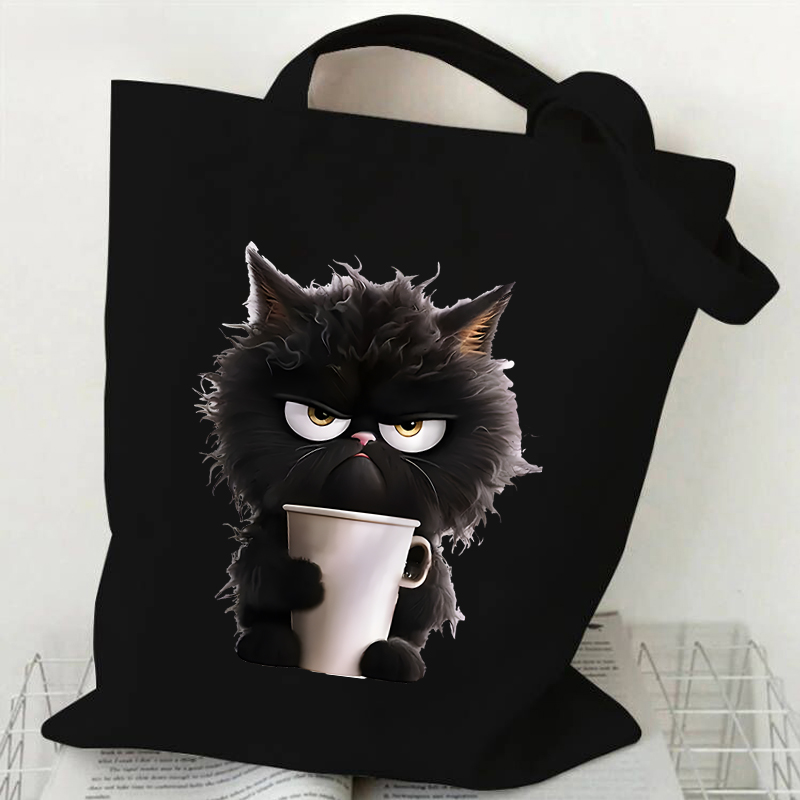 Women Canvas Shoulder Bag Coffe Black Cat Print Large Capacity Shopping Bags for Lady Cartoon Animal Grocery Tote Bag Handbags