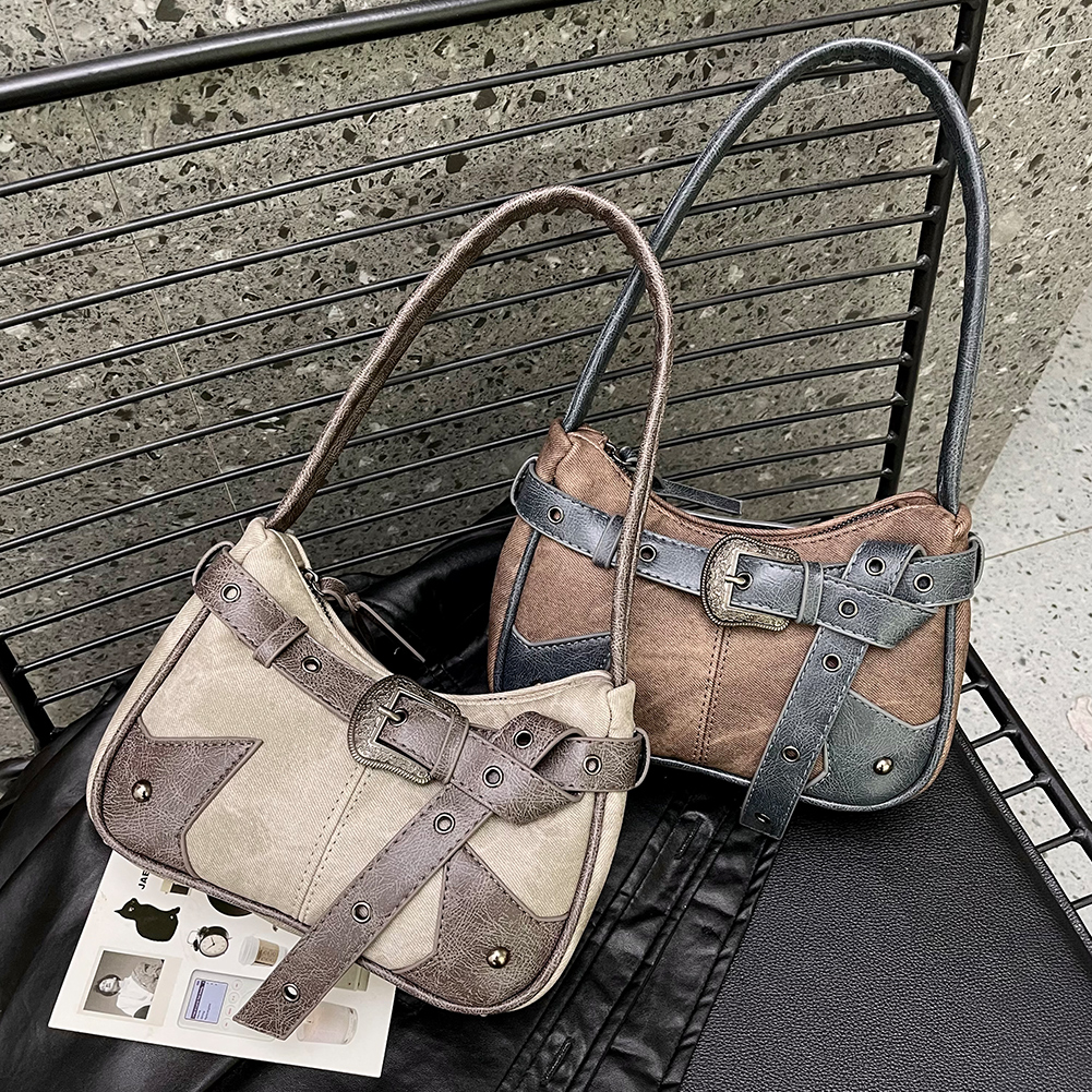 Women Gothic Punk Style Handbag Zipper Closure Rivet Belt Simple Tote Purse Large Capacity Motorcycle Handbag for Street Wear