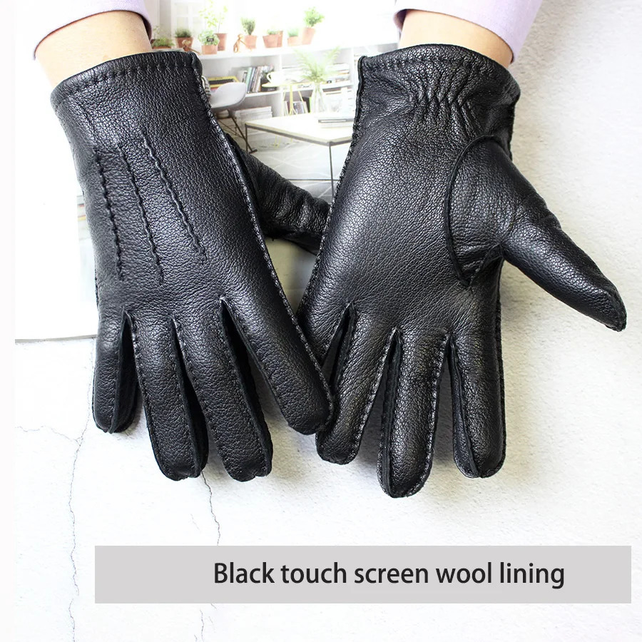 Winter driving leather deer gold gloves mens fashion wool lining autumn warm motorcycle driving finger gloves 241106