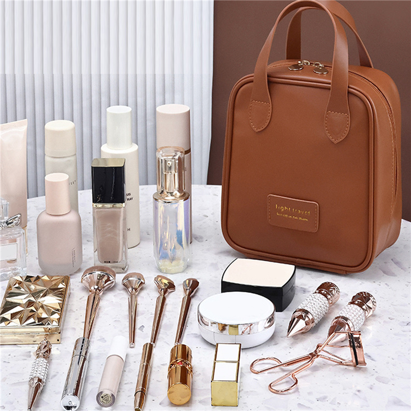 2024 PU Leather Makeup Bag Large Capacity Shell Cosmetic Bag Solid Color Handbag Portable Travel Wash Bag Bathroom Organizer Bag