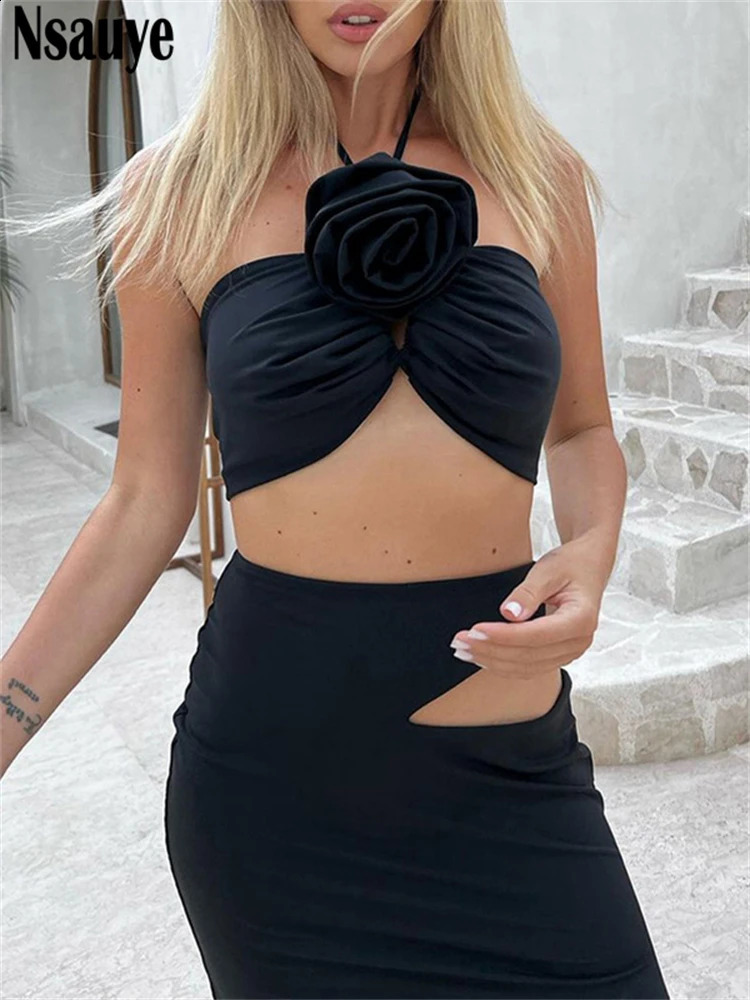 Nsauye Summer Casual Beach Women Sexy Club Skirt Suit Hollow Out Skinny Halter Crop Tops And Long Wrap Two Piece Set 2023 240401