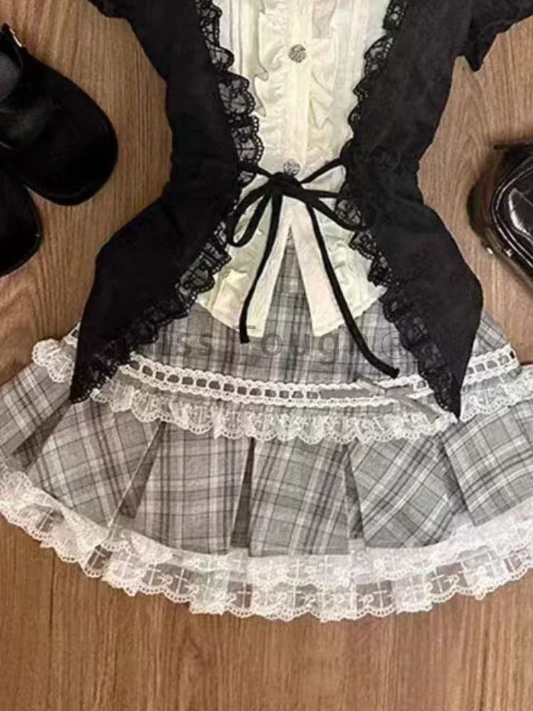 Fashion Sweet Slim Short Sleeve 2 Piece Set Women Chic Lapel Bow Patchwork Tops High Waist Thin Plaid Short Skirt 241107