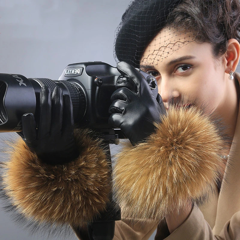 Genuine Raccoon Fur Gloves Womens Leather Gloves Fashion Raccoon Fur Sheepskin Leather Gloves Womens 241106