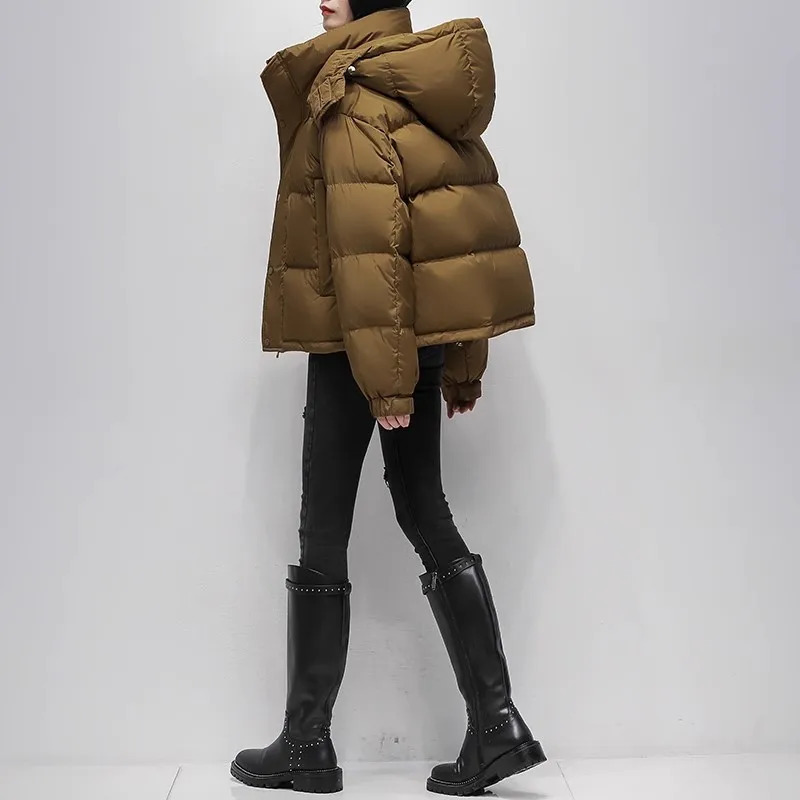 Womens Short Brown Down Jacket Winter 90 White Duck Down Thick Coat Womens Loose Hooded Parka Coat 241107