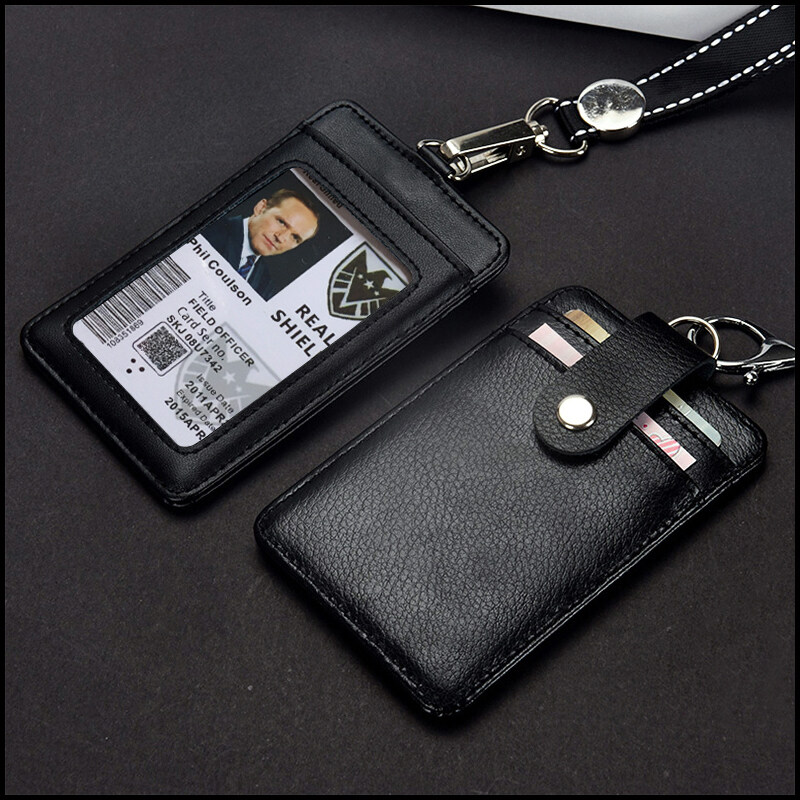 New Genuine leather Business Work Card Holder ID Badge Holders ID Chest Cards Name Tag Case Office Supplies with Nylon Lanyard