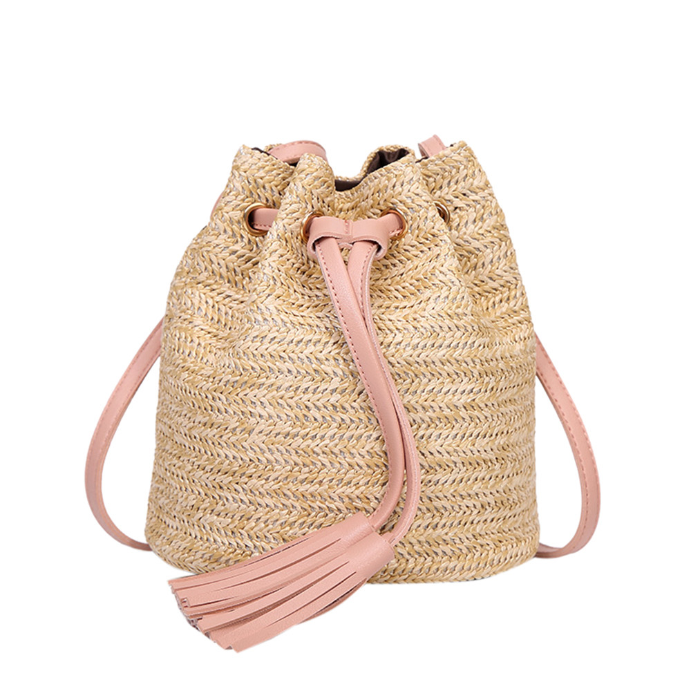 Straw Beach Bag Vintage Handmade Woven Shoulder Bag Rattan Bucket Bags Bohemian Summer Vacation Casual Tassel Bags Sac